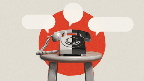 A telephone on a stool with black speech bubbles surrounding it.