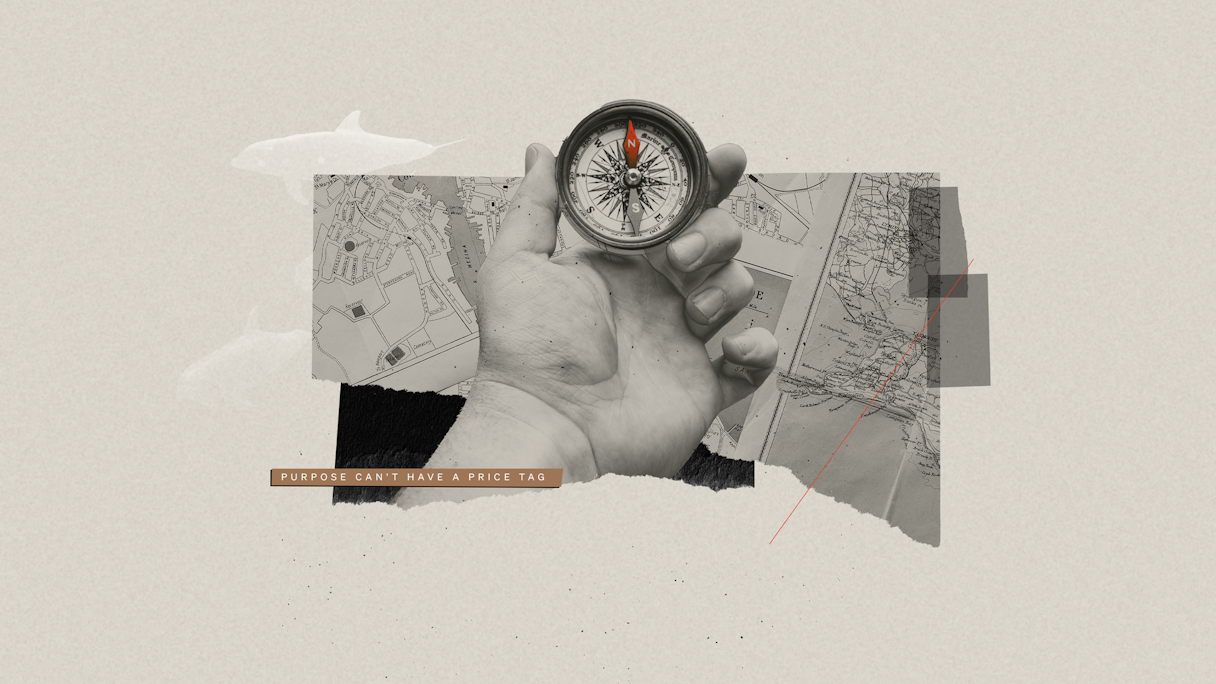 A collage of a hand holding a compass over a map.