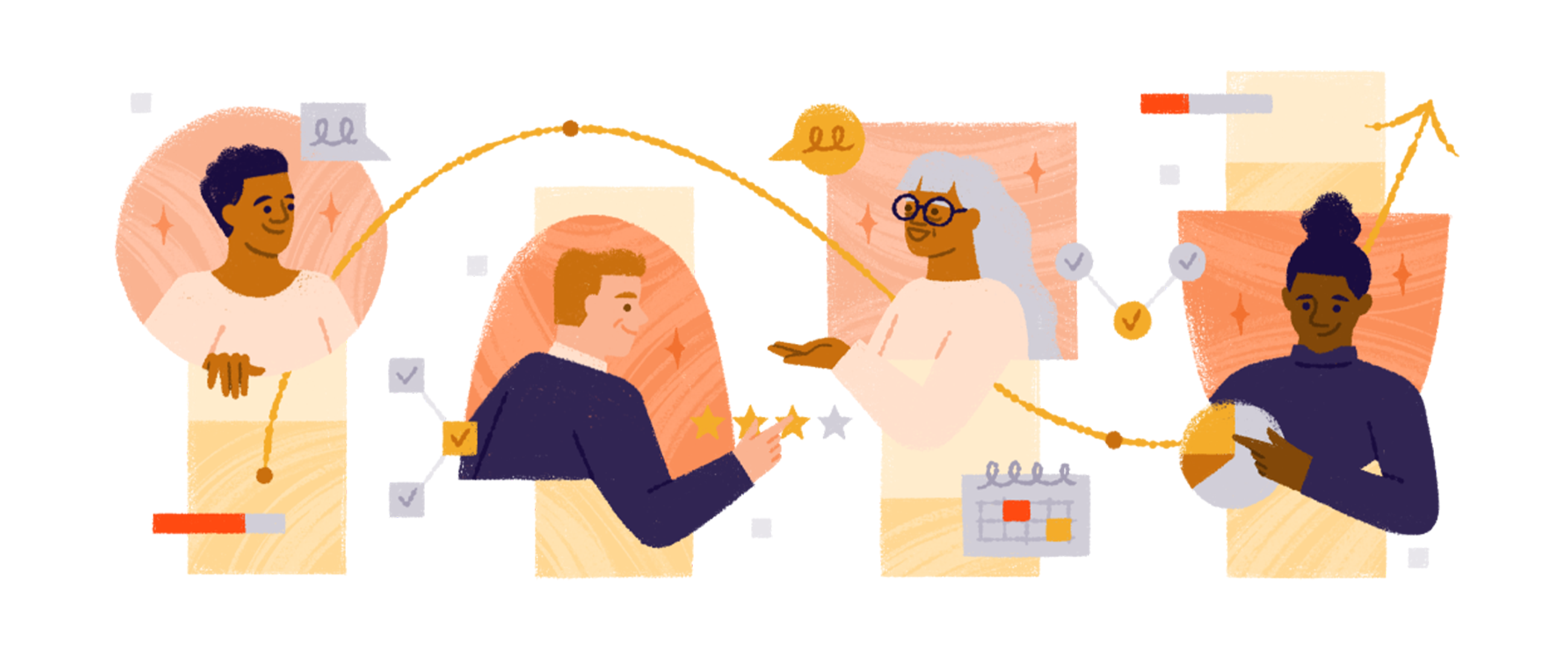 The final illustration show showing people collaborating in an abstracted space