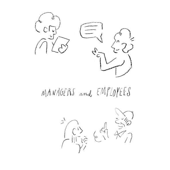 A sketch of four people in discussion with text that reads "Managers and Employees"