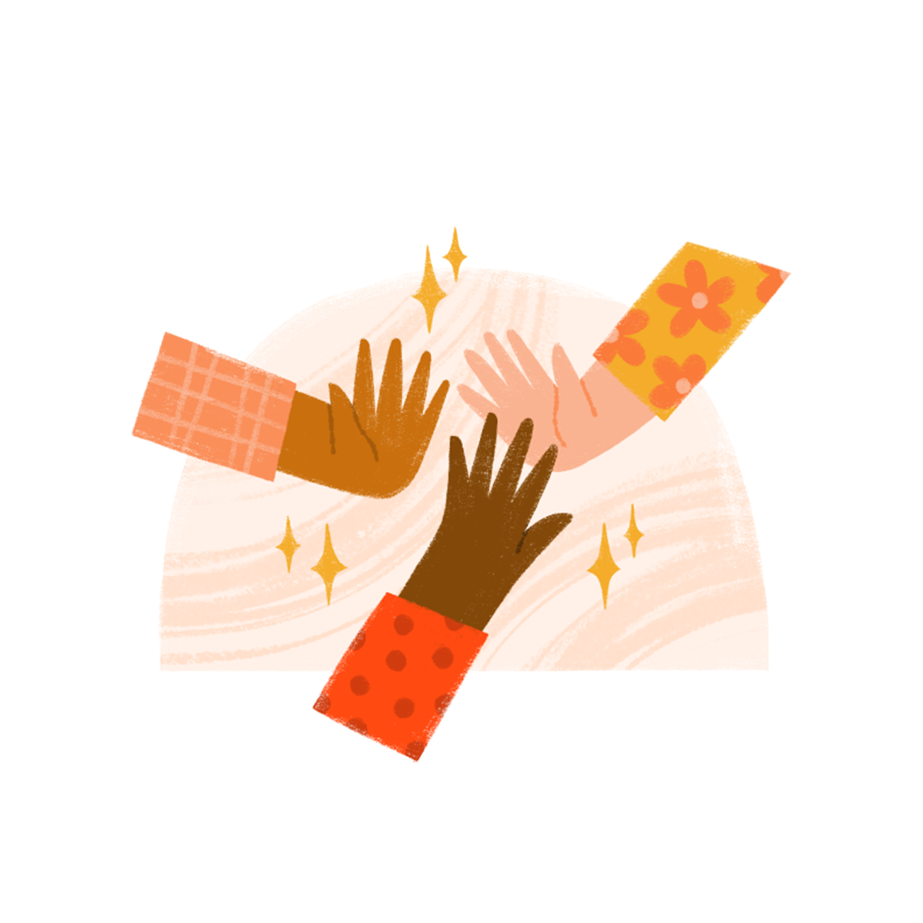 Three hands come together in a high-five