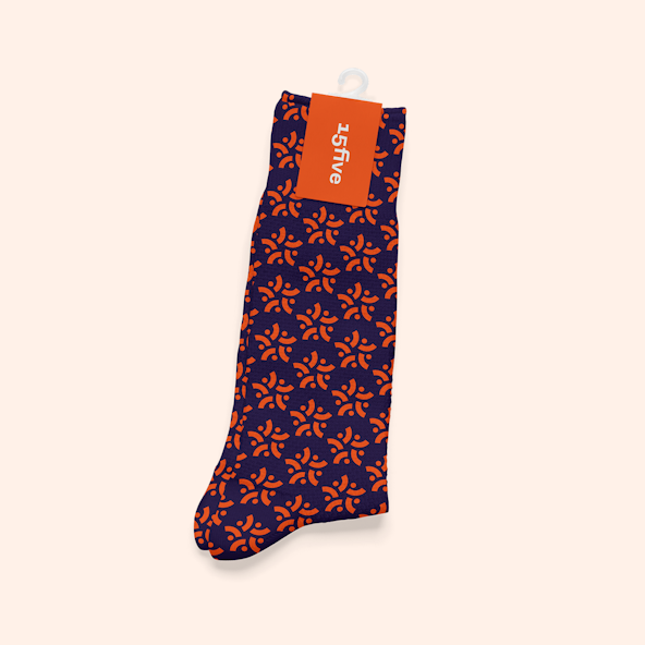 A mockup of socks featuring the 15Five mark