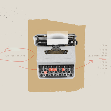 Collaged typewriter with reads, "the best brands lead with story."