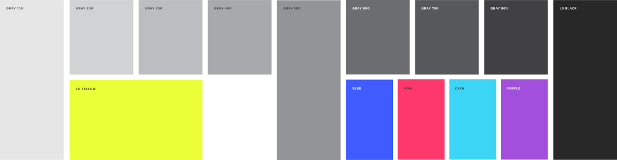 The LaunchDarkly color palette. It consists of a full scale of grays and a few bright colors for contrast.