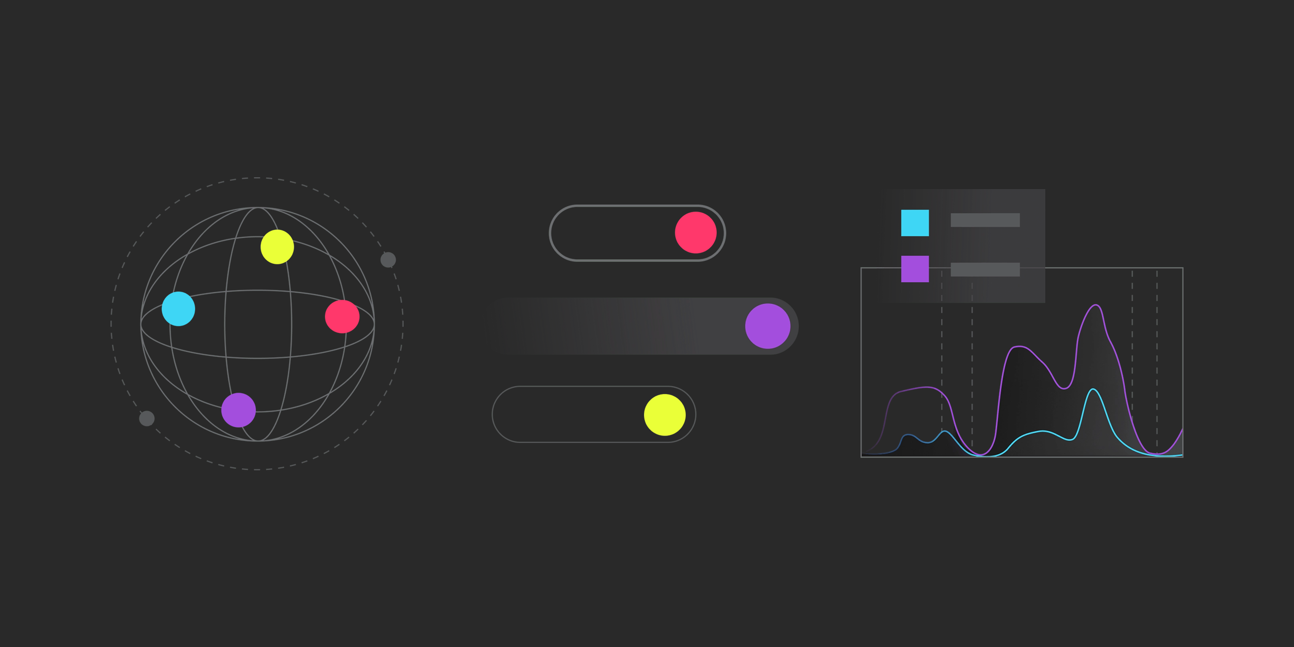 Three colorful abstract infographics in the LaunchDarkly visual language