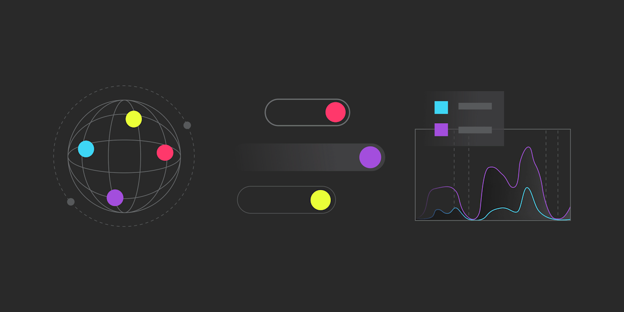 Three colorful abstract infographics in the LaunchDarkly visual language