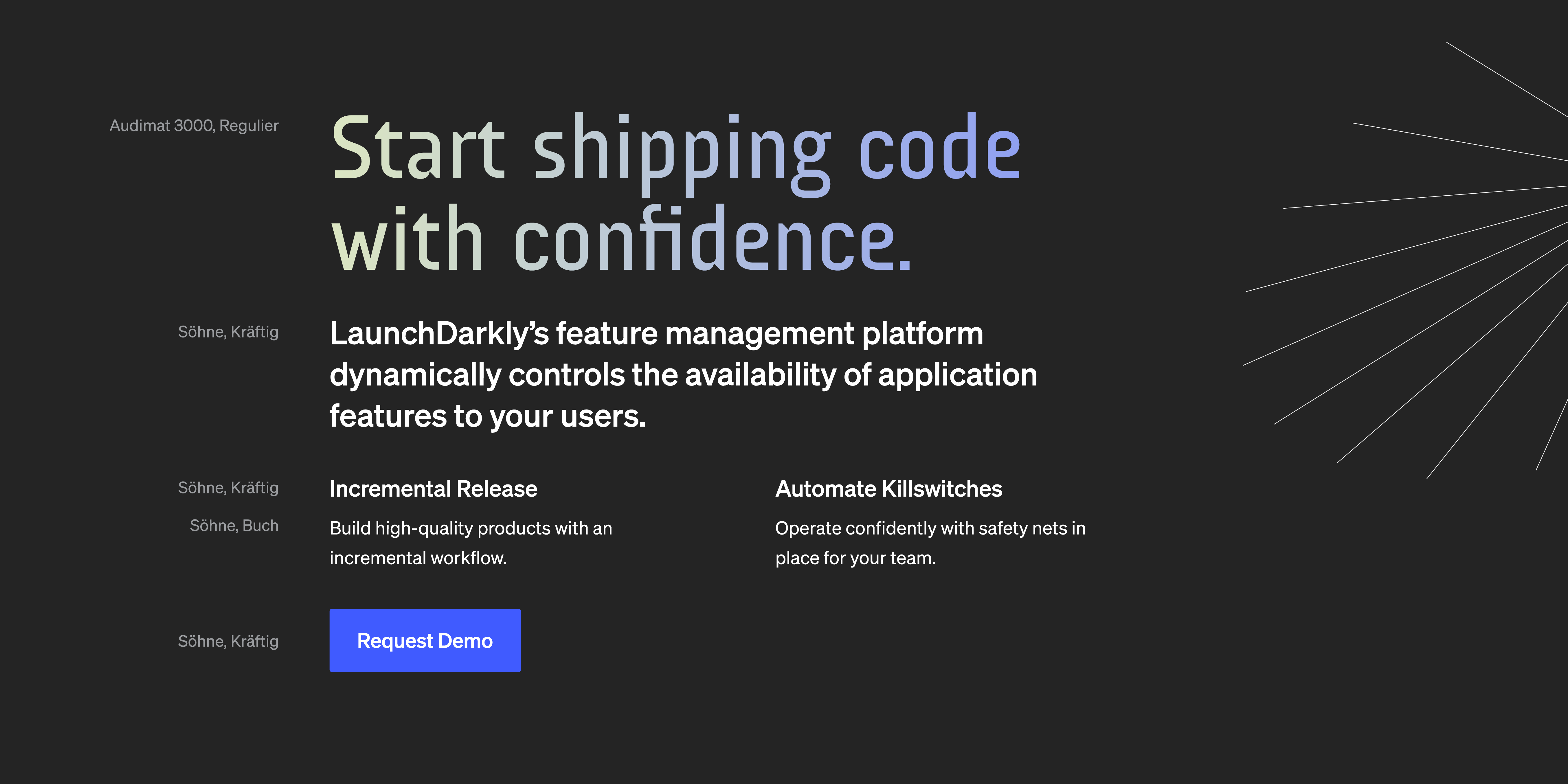 An ideal type stack for LaunchDarkly featuring Audimat 3000 as the display typeface