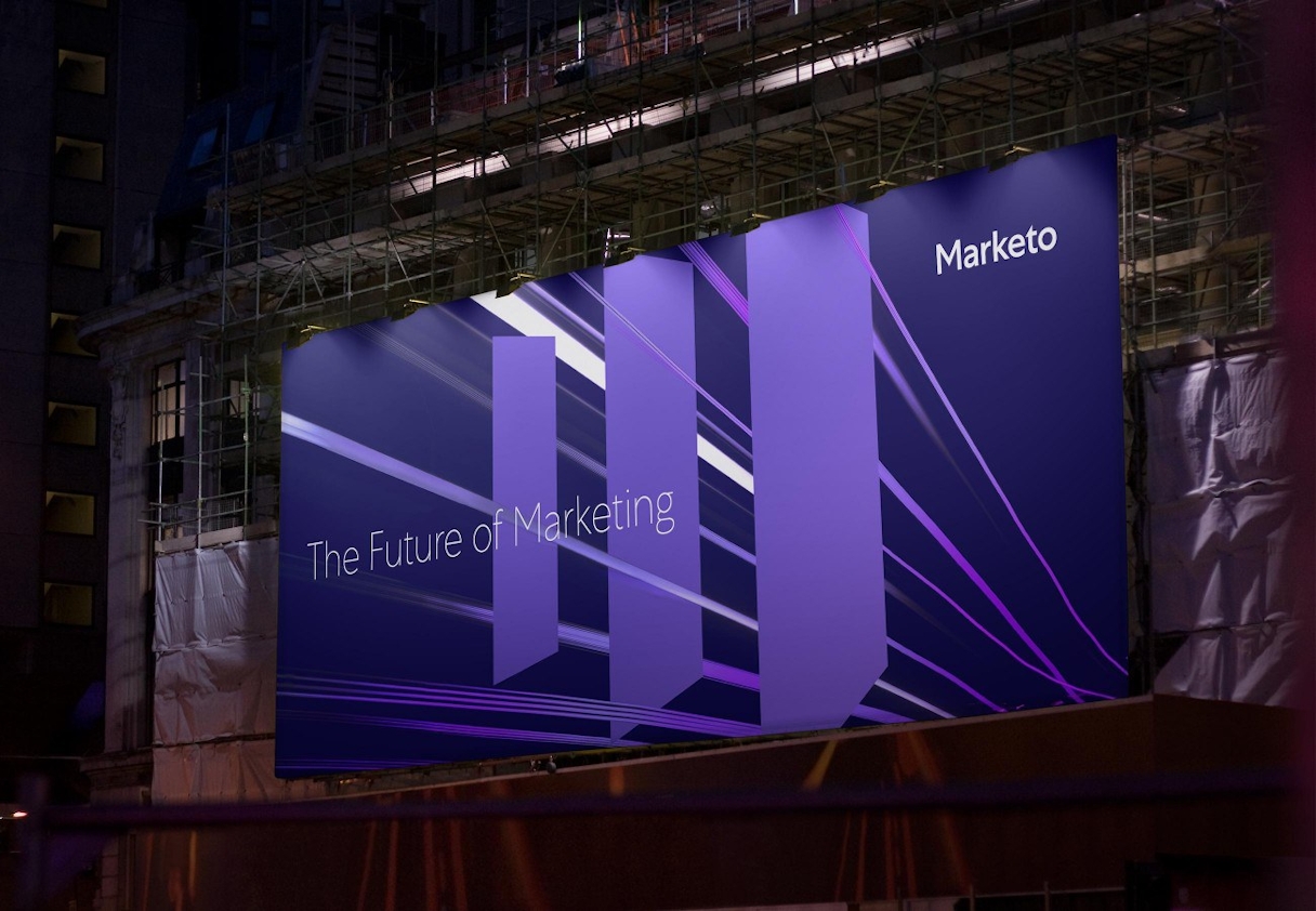 A large tradeshow banner that reads "The Future of Marketing"