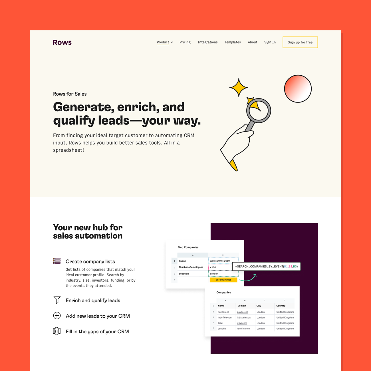 A screenshot of the Sales page of the Rows website