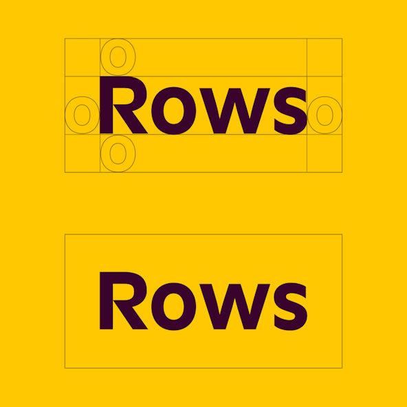 A custom logotype: Rows on yellow, showing necessary padding around the word.