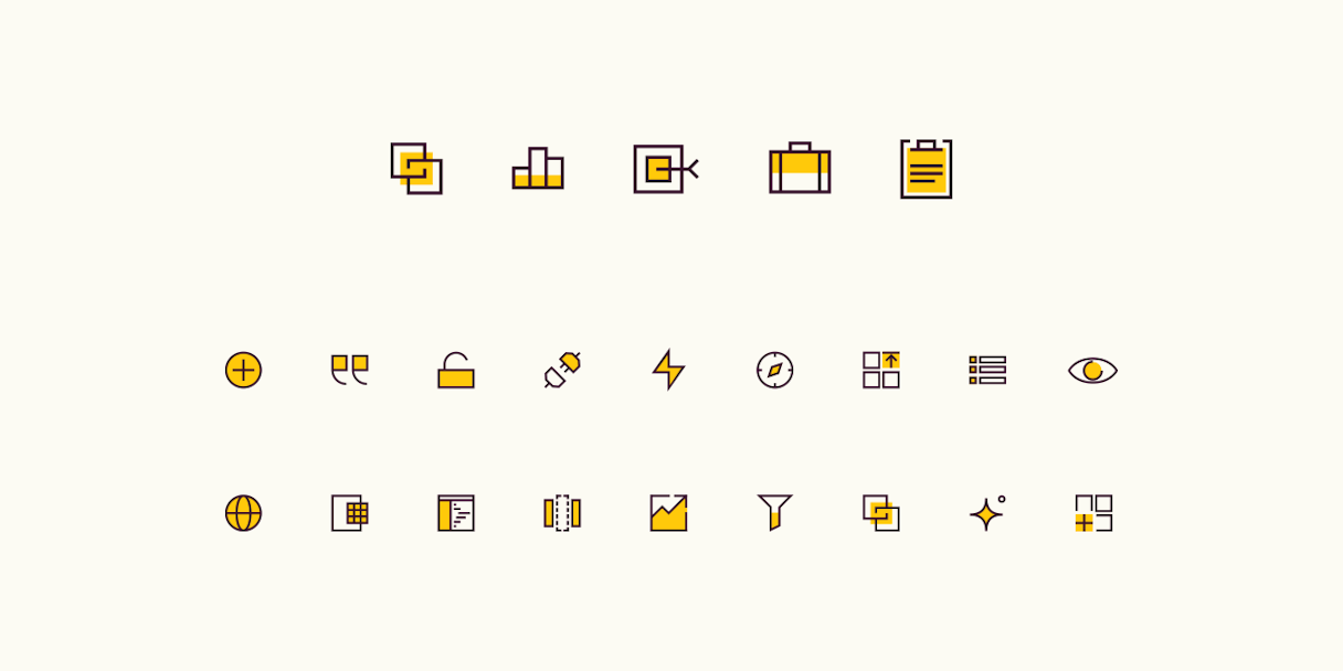 Various icons created for Rows. A yellow highlight color indicates the icon is active.