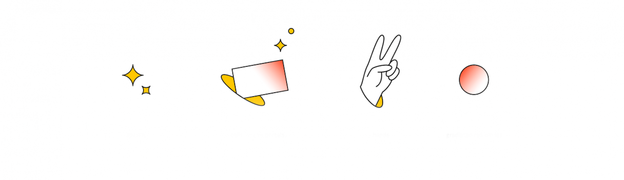 4 vector illustrations - sparkles, a rectangular cell coming out of a portal, a "peace sign" hand, and a gradient circle.